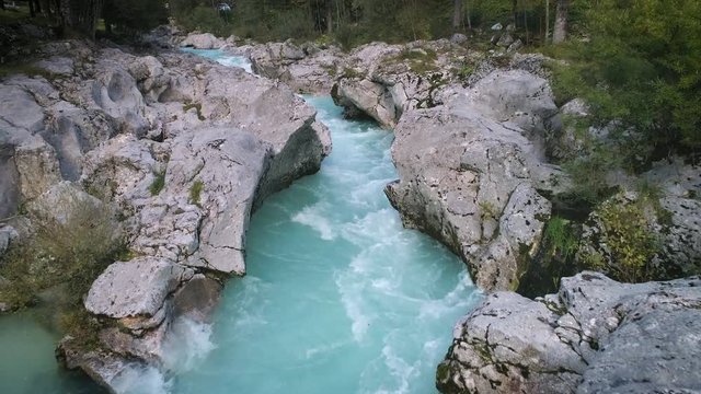 Soca River flowing through Great Soca Gorge in aerial view