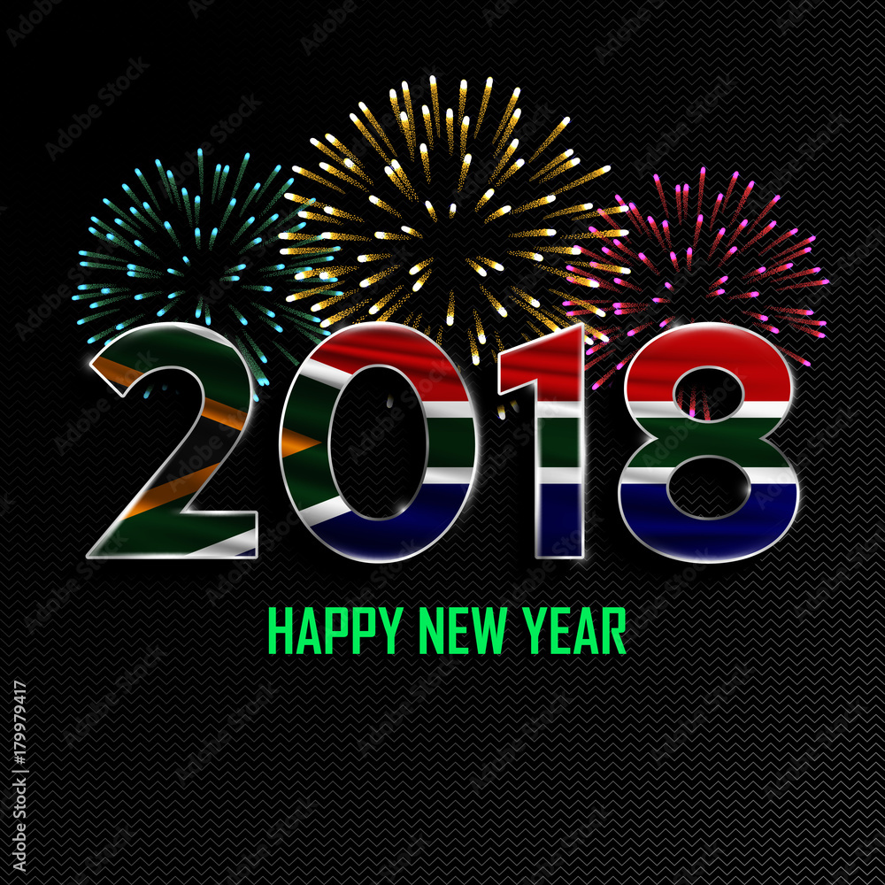 Sticker happy new year and merry christmas. 2018 new year background with national flag of south africa and 