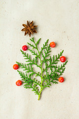 Christmas tree made of thuja branches and decorations star of anise and ashberry on rustic background.