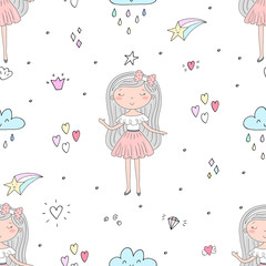 Cute hand drawn with cute little girl vector seamless pattern illustration