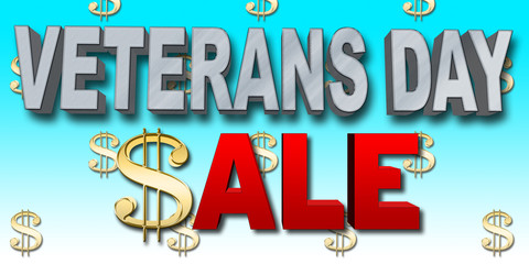 Stock Illustration - Steel Veterans Day, Red Sale, Golden Dollar Sign, Blue Gradient Background, 3D Illustration.