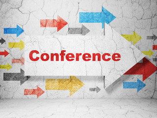 Finance concept:  arrow with Conference on grunge textured concrete wall background, 3D rendering