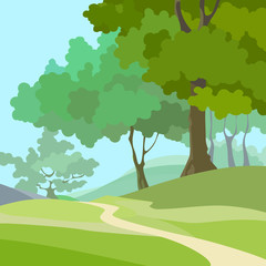 cartoon summer background with green trees and path