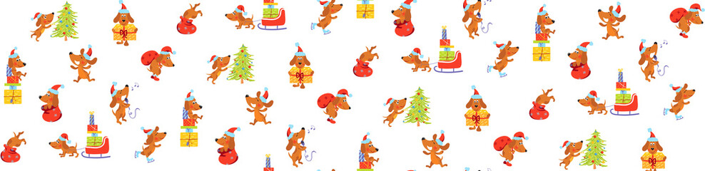 Seamless pattern with carton dog in Christmas hat