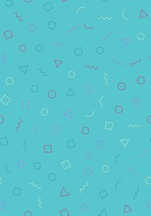 Memphis seamless geometric pattern with blue background with different shapes. Vector repeating texture.