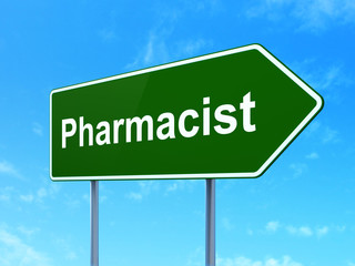 Medicine concept: Pharmacist on green road highway sign, clear blue sky background, 3D rendering