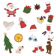 Merry Christmas Badges, Patches, Stickers. A set of Christmas stickers. Hand drawn vector illustration on a white background.