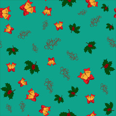 Christmas seamless pattern with jingle bells, holly leaves and merry christmas lettering on green background, vector