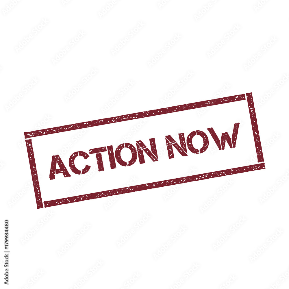 Poster action now rectangular stamp. textured red seal with text isolated on white background, vector illus