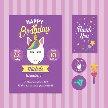 Unicorn Birthday Invitation Template with Cute Unicorn Face Illustration