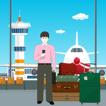 European Man with Luggage at the Airport, View through the Window at the Runway and Control Tower, Travel Concept, Vector Illustration