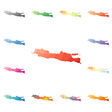 Java geometric polygonal, mosaic style island maps collection. Bright abstract tessellation, low poly style, modern design. Java polygonal maps for your infographics or presentation.