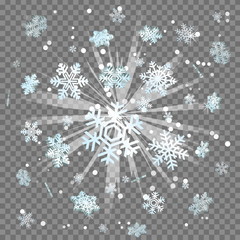 Frosty winter snowflakes light beam lens flare explosion.