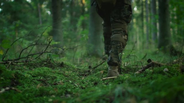 Close-up Fully Equipped Soldier's Boot Stepping on the Moss, Man Moves Further in the Dense Forest. He's on the Reconnaisance Military Mission. Low Angle Footage. 