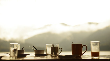 Coffee and tea after the group finished talking. and mountain is back in the morning refreshing : Concept friends.