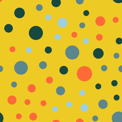 Colorful polka dots seamless pattern on bright 26 background. Terrific classic colorful polka dots textile pattern. Seamless scattered confetti fall chaotic decor. Abstract vector illustration.