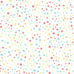 Fototapeta premium Colorful polka dots seamless pattern on white 16 background. Wondrous classic colorful polka dots textile pattern. Seamless scattered confetti fall chaotic decor. Abstract vector illustration.