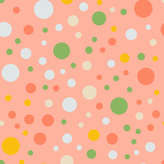 Colorful polka dots seamless pattern on bright 5 background. Magnificent classic colorful polka dots textile pattern. Seamless scattered confetti fall chaotic decor. Abstract vector illustration.