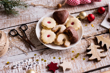 Christmas composition on a wooden background.