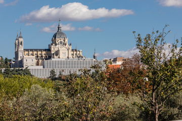 Almudena Cathedral in Madrid seen from the other side of the Manzanares River