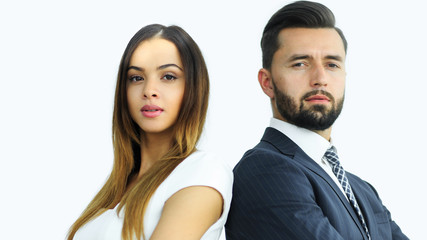 Portrait of business people back to back against white backgroun