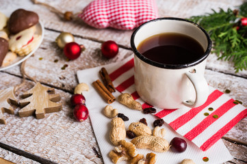 Christmas composition on a wooden background.
