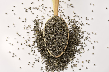Chia seeds on wooden spoon isolated on white background