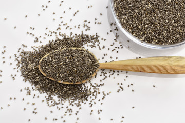 Chia seeds on wooden spoon isolated on white background