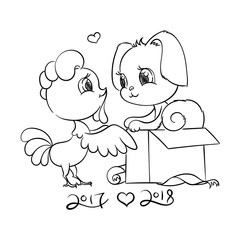 Funny cartoon card with dog and rooster. Symbols of 2017 and 2018. Happy New Year illustration