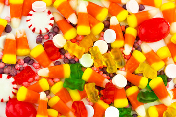 Colorful candies and jelly  background. Top view