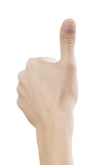 Man's hand showing thumb up, like, isolated on a white background