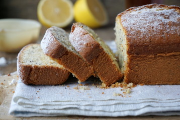 Lemon cake with poppy seeds and powdered sugar