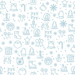 Merry Christmas party celebration seamless pattern. Xmas New Year holidays. Party decor elements thin icons. Vector illustration. Line background texture. Snowflakes christmas tree gift firework bell.