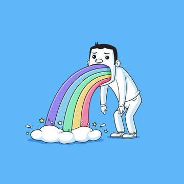 Sad man puking rainbows vector cartoon illustration