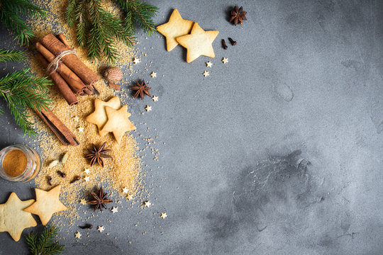Christmas background with spices and cookies