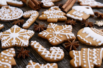 Homemade Christmas cookies on old wooden background