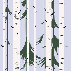 Background of birches, fir trees. winter. Forest. Vector.