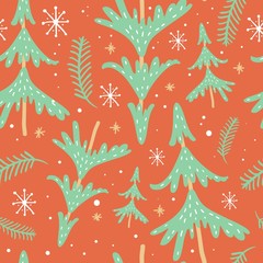 Seamless pattern with christmas trees. Hand drawn vector illustration. Wrapping paper.