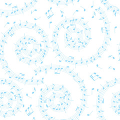 white and blue vector background with spiral - seamless pattern with music notes