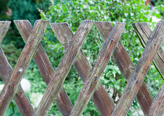 Close up of a wooden fence in the nature, green leafs background