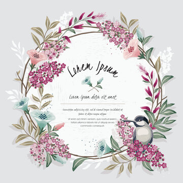  Vector illustration of a beautiful floral wreath with a cute bird on a floral branch in spring for Wedding, anniversary, birthday and party. Design for banner, poster, card, invitation and scrapbook 