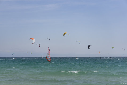 Kitesurfers on Tarifa. Spain.