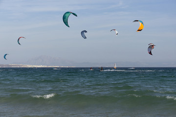 Kitesurfers on Tarifa. Spain.