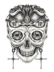 Art surreal skull. Hand pencil drawing on paper.