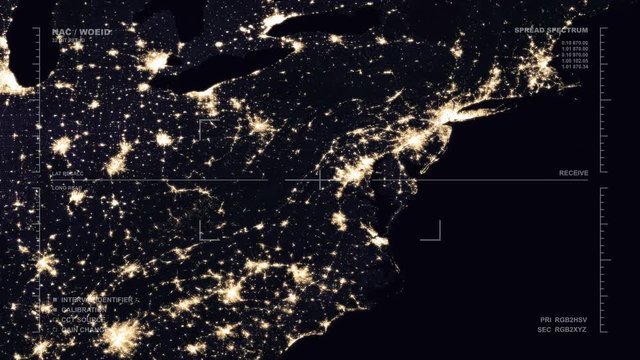 Nighttime aerial surveillance flyover of the US East Coast. Reversible, seamless loop. Data: USGS/NASA Landsat/USGS Landsat