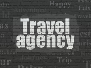 Obraz premium Vacation concept: Painted white text Travel Agency on Black Brick wall background with Tag Cloud