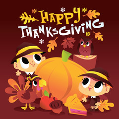 Cartoon Pilgrim Kids Around Large Pumpkin With Happy Thanksgiving Phrase