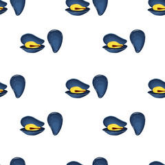Seamless pattern flat mussels vector illustration isolated on a white background. Fresh raw mollusk