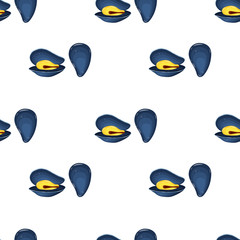 Seamless pattern flat mussels vector illustration isolated on a white background. Fresh raw mollusk