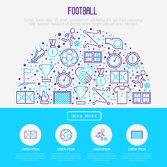 Fototapeta na wymiar Football concept in half circle with thin line icons: player, whistle, soccer, goal, strategy, stopwatch, football boots, score. Vector illustration for banner, print media, web page.